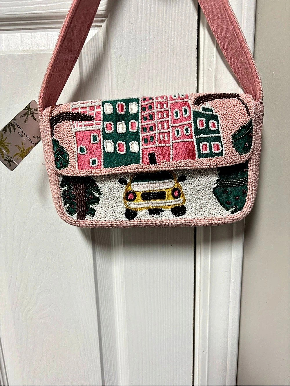 America & Beyond New York Dreams Beaded Shoulder Bag Pink & Green